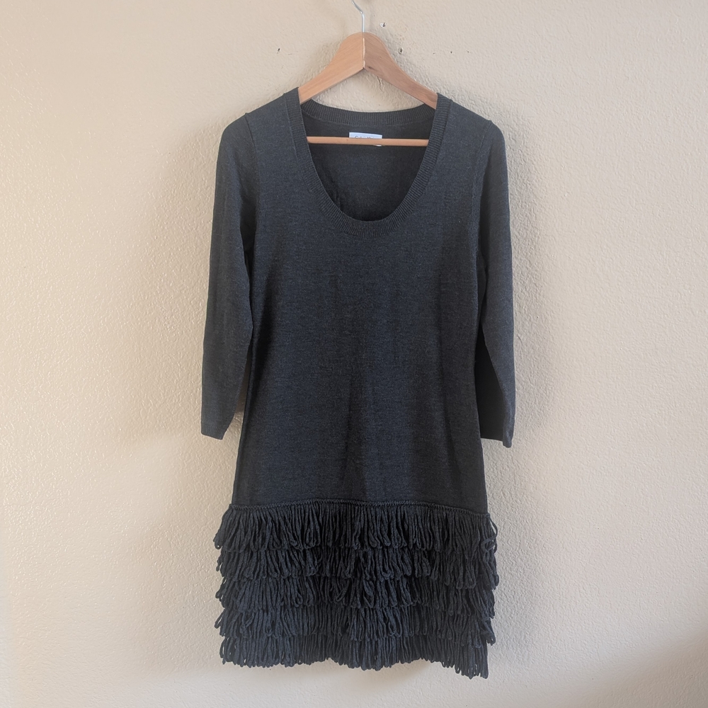 Calvin Klein Charcoal Gray Knit Sweater Dress Medium Scoop Neck Fringe Hem Tunic